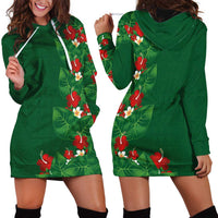 Hawaiian Taro Leaves-Hibiscus and Plumeria Hoodie Dress Polynesian Art-Kakau Tattoo Green