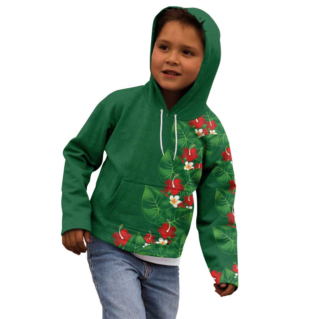 Hawaiian Taro Leaves-Hibiscus and Plumeria Kid Hoodie Polynesian Art-Kakau Tattoo Green