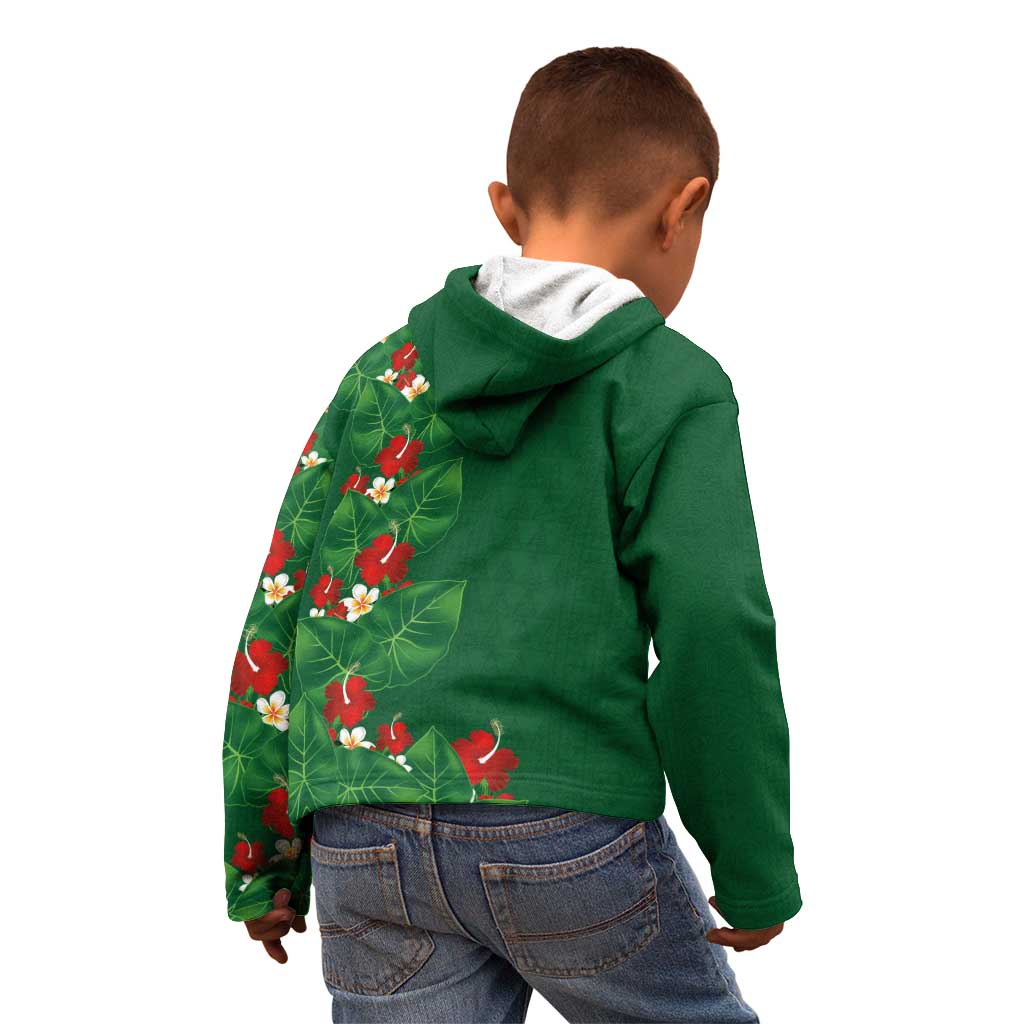 Hawaiian Taro Leaves-Hibiscus and Plumeria Kid Hoodie Polynesian Art-Kakau Tattoo Green