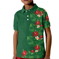 Hawaiian Taro Leaves-Hibiscus and Plumeria Kid Polo Shirt Polynesian Art-Kakau Tattoo Green
