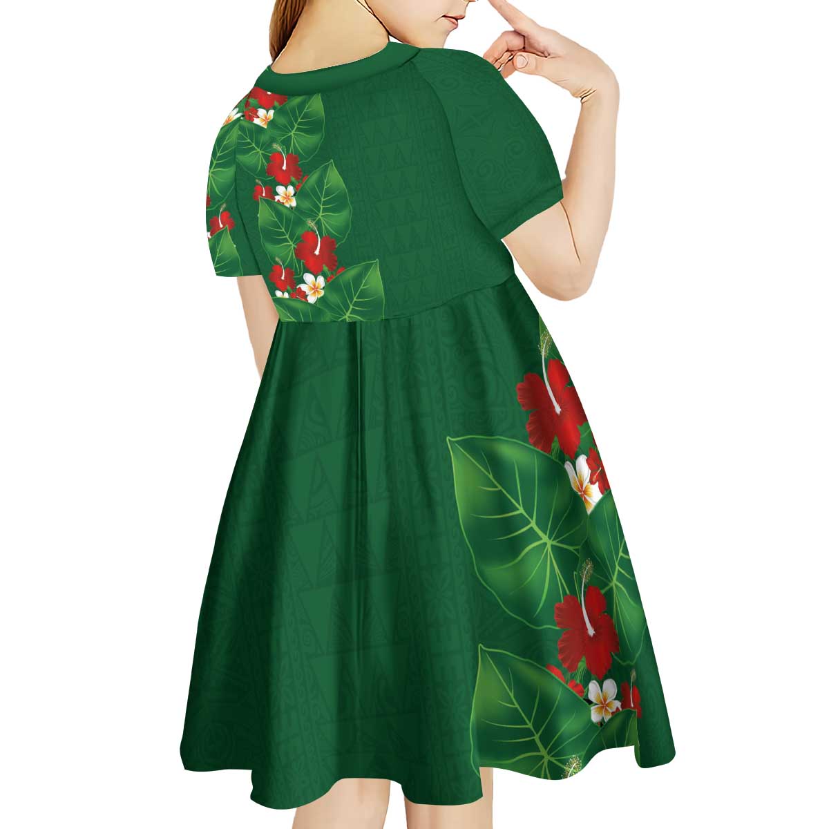 Hawaiian Taro Leaves-Hibiscus and Plumeria Kid Short Sleeve Dress Polynesian Art-Kakau Tattoo Green