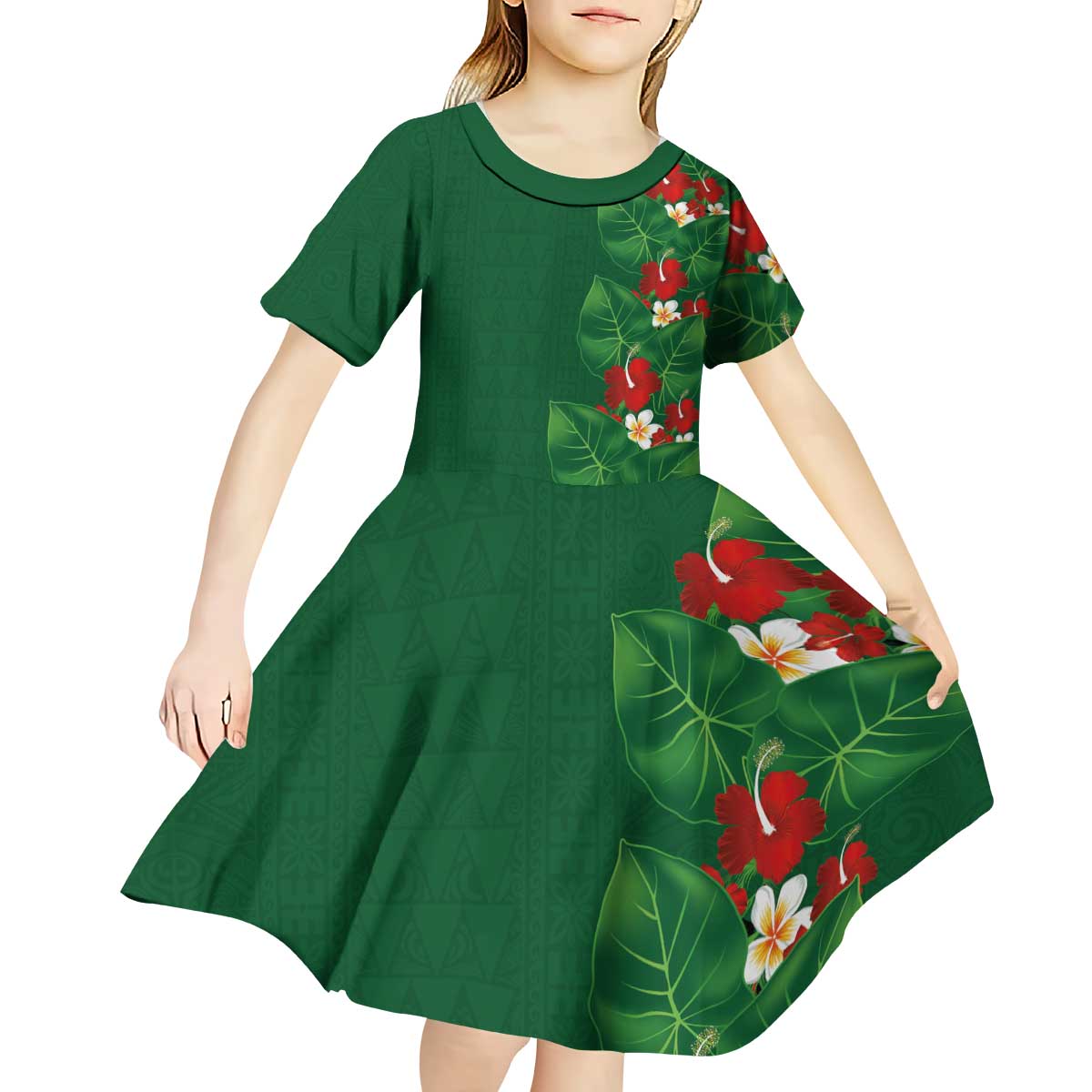 Hawaiian Taro Leaves-Hibiscus and Plumeria Kid Short Sleeve Dress Polynesian Art-Kakau Tattoo Green