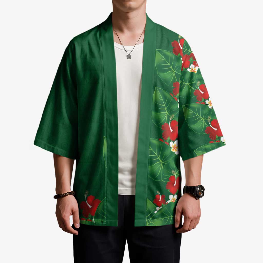 Hawaiian Taro Leaves-Hibiscus and Plumeria Kimono Polynesian Art-Kakau Tattoo Green