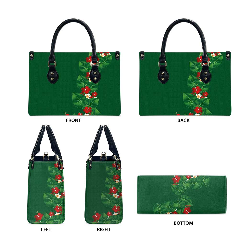 Hawaiian Taro Leaves-Hibiscus and Plumeria Leather Bag Polynesian Art-Kakau Tattoo Green