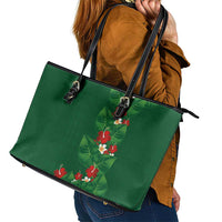 Hawaiian Taro Leaves-Hibiscus and Plumeria Leather Tote Bag Polynesian Art-Kakau Tattoo Green