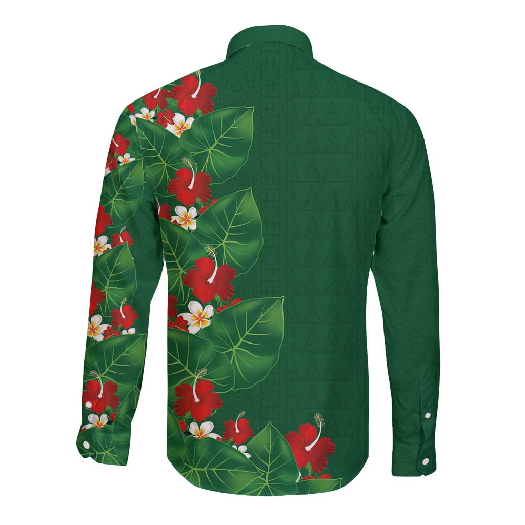 Hawaiian Taro Leaves-Hibiscus and Plumeria Long Sleeve Button Shirt Polynesian Art-Kakau Tattoo Green