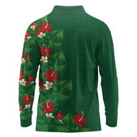 Hawaiian Taro Leaves-Hibiscus and Plumeria Long Sleeve Polo Shirt Polynesian Art-Kakau Tattoo Green