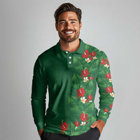 Hawaiian Taro Leaves-Hibiscus and Plumeria Long Sleeve Polo Shirt Polynesian Art-Kakau Tattoo Green