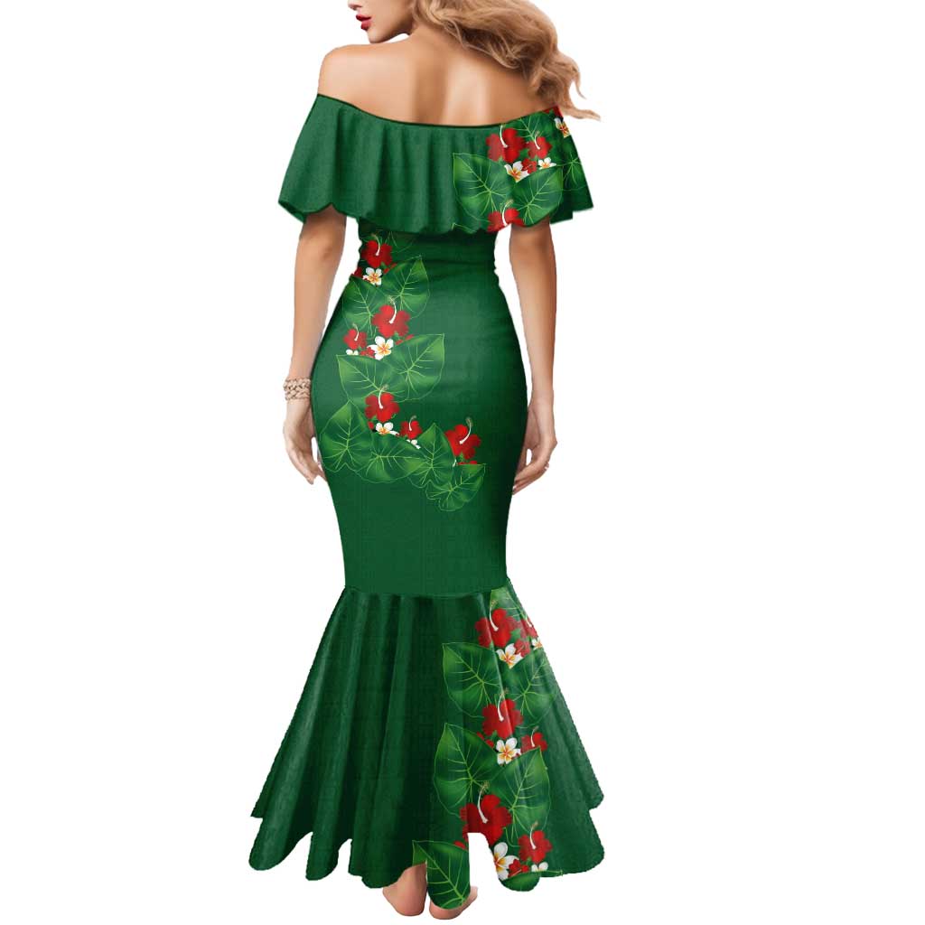 Hawaiian Taro Leaves-Hibiscus and Plumeria Mermaid Dress Polynesian Art-Kakau Tattoo Green