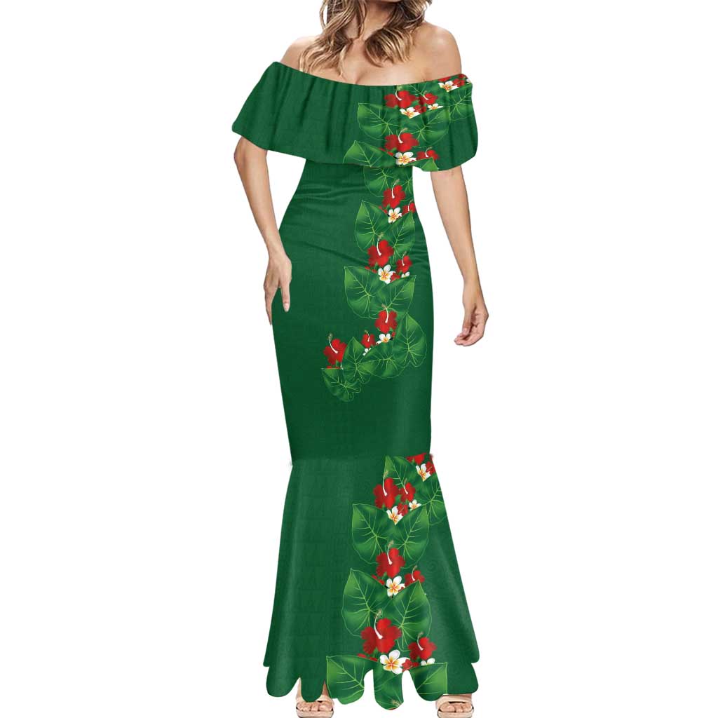Hawaiian Taro Leaves-Hibiscus and Plumeria Mermaid Dress Polynesian Art-Kakau Tattoo Green