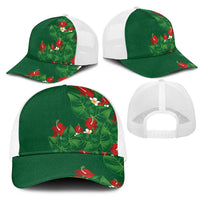 Hawaiian Taro Leaves-Hibiscus and Plumeria Mesh Trucker Cap Polynesian Art-Kakau Tattoo Green