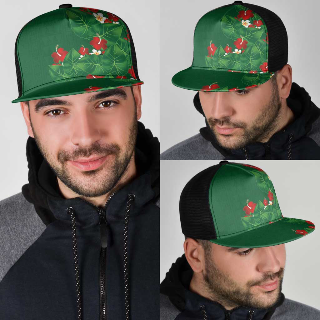 Hawaiian Taro Leaves-Hibiscus and Plumeria Mesh Trucker Cap Polynesian Art-Kakau Tattoo Green