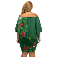 Hawaiian Taro Leaves-Hibiscus and Plumeria Off Shoulder Short Dress Polynesian Art-Kakau Tattoo Green LT03 - Polynesian Pride