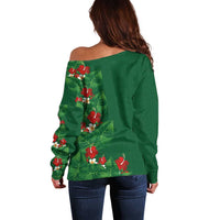 Hawaiian Taro Leaves-Hibiscus and Plumeria Off Shoulder Sweater Polynesian Art-Kakau Tattoo Green