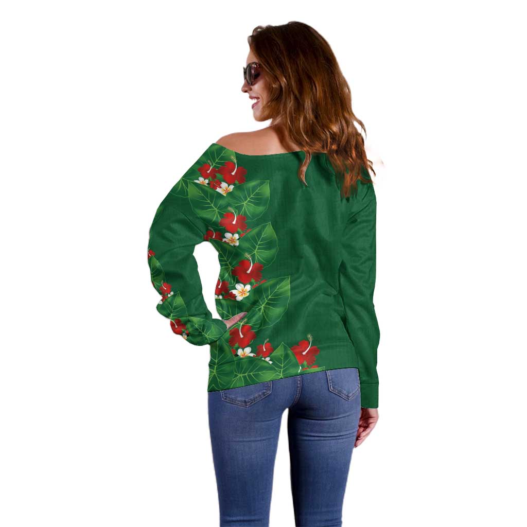 Hawaiian Taro Leaves-Hibiscus and Plumeria Off Shoulder Sweater Polynesian Art-Kakau Tattoo Green