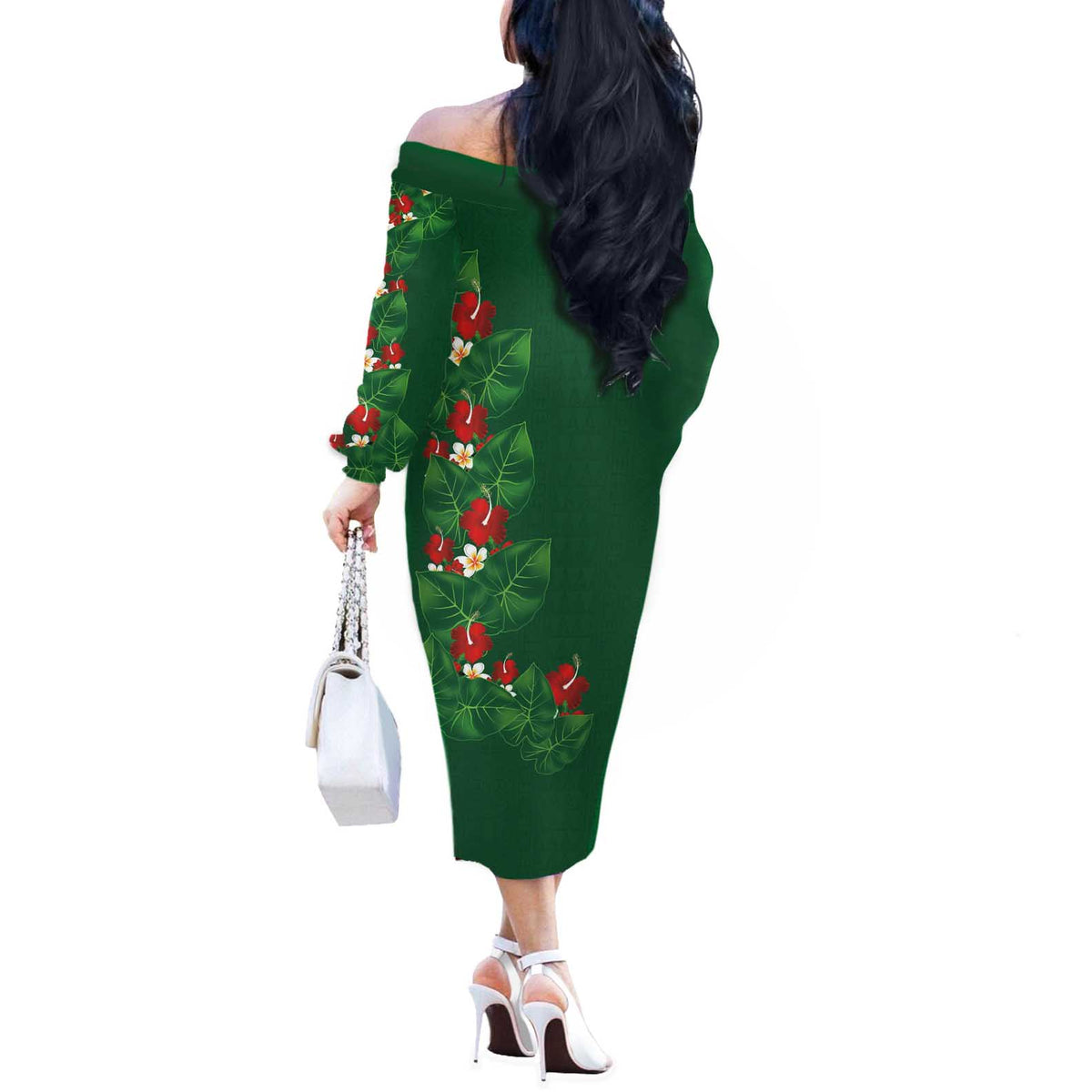 Hawaiian Taro Leaves-Hibiscus and Plumeria Off The Shoulder Long Sleeve Dress Polynesian Art-Kakau Tattoo Green
