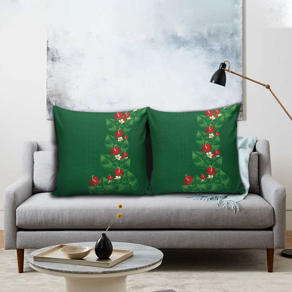 Hawaiian Taro Leaves-Hibiscus and Plumeria Pillow Cover Polynesian Art-Kakau Tattoo Green
