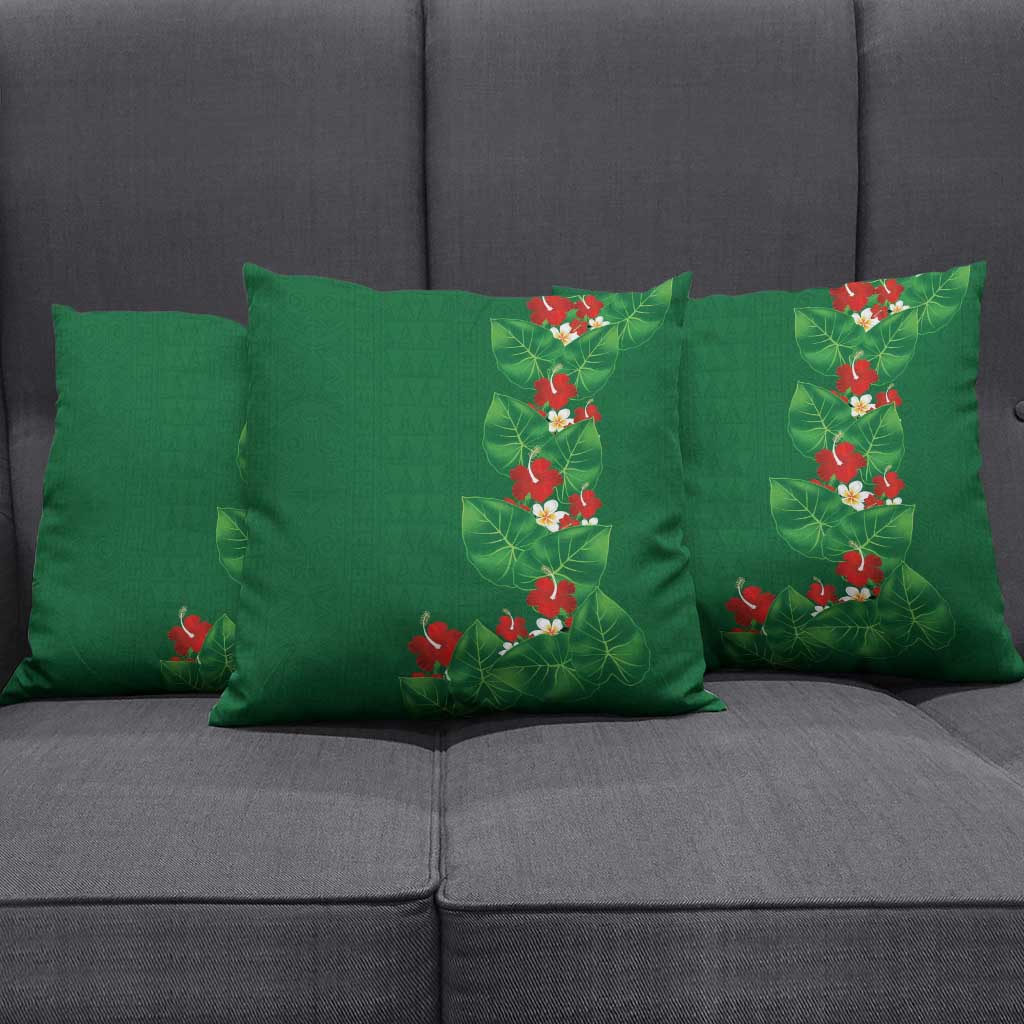 Hawaiian Taro Leaves-Hibiscus and Plumeria Pillow Cover Polynesian Art-Kakau Tattoo Green