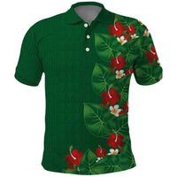 Hawaiian Taro Leaves-Hibiscus and Plumeria Polo Shirt Polynesian Art-Kakau Tattoo Green
