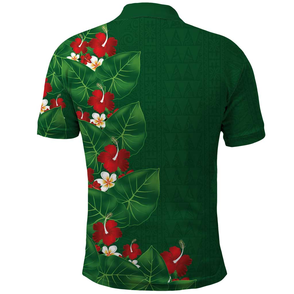 Hawaiian Taro Leaves-Hibiscus and Plumeria Polo Shirt Polynesian Art-Kakau Tattoo Green