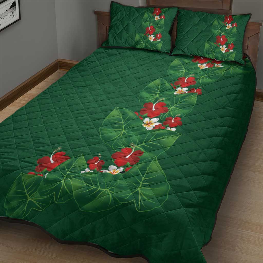 Hawaiian Taro Leaves-Hibiscus and Plumeria Quilt Bed Set Polynesian Art-Kakau Tattoo Green