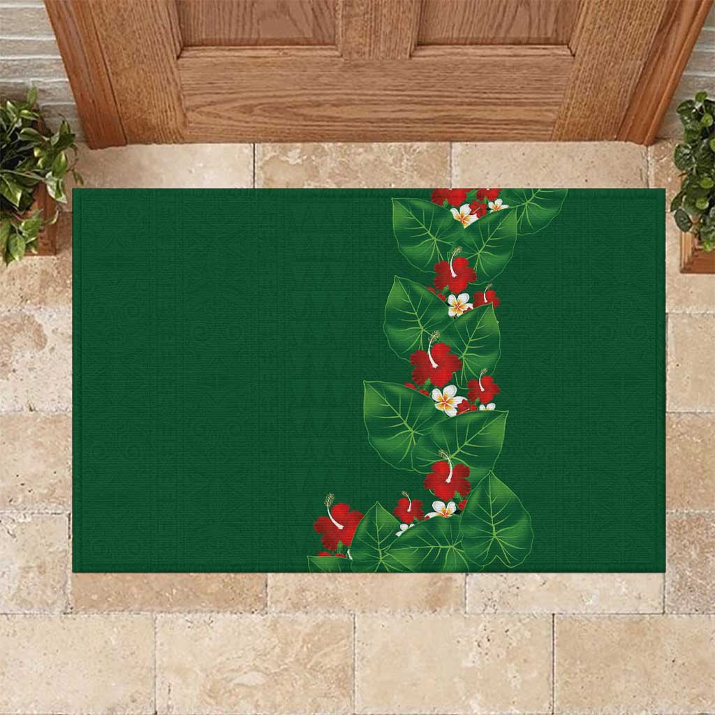 Hawaiian Taro Leaves-Hibiscus and Plumeria Rubber Doormat Polynesian Art-Kakau Tattoo Green