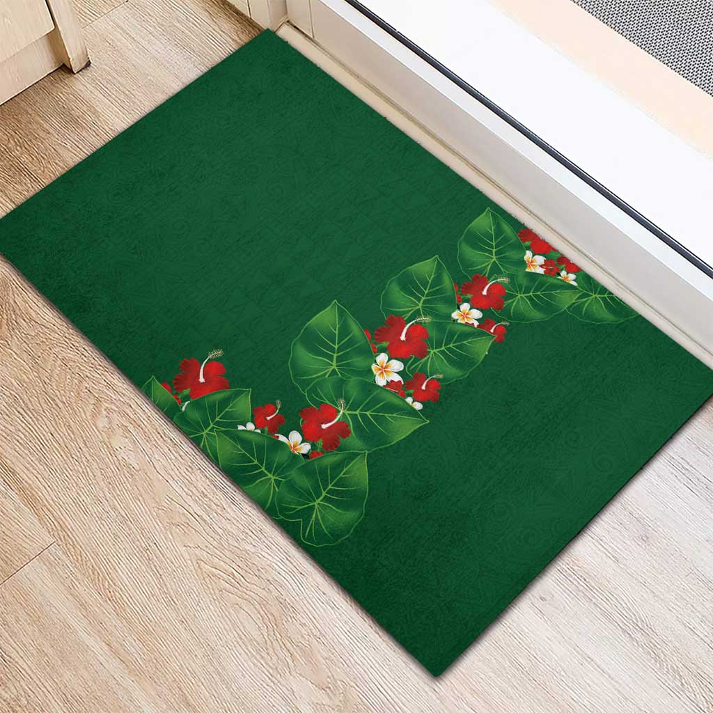 Hawaiian Taro Leaves-Hibiscus and Plumeria Rubber Doormat Polynesian Art-Kakau Tattoo Green