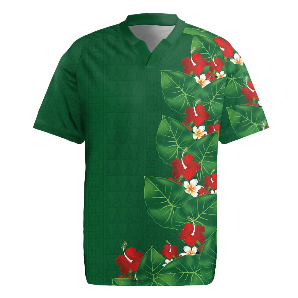 Hawaiian Taro Leaves-Hibiscus and Plumeria Rugby Jersey Polynesian Art-Kakau Tattoo Green