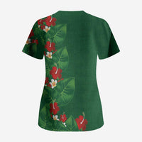 Hawaiian Taro Leaves-Hibiscus and Plumeria Scrub Top Polynesian Art-Kakau Tattoo Green