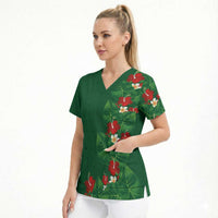 Hawaiian Taro Leaves-Hibiscus and Plumeria Scrub Top Polynesian Art-Kakau Tattoo Green