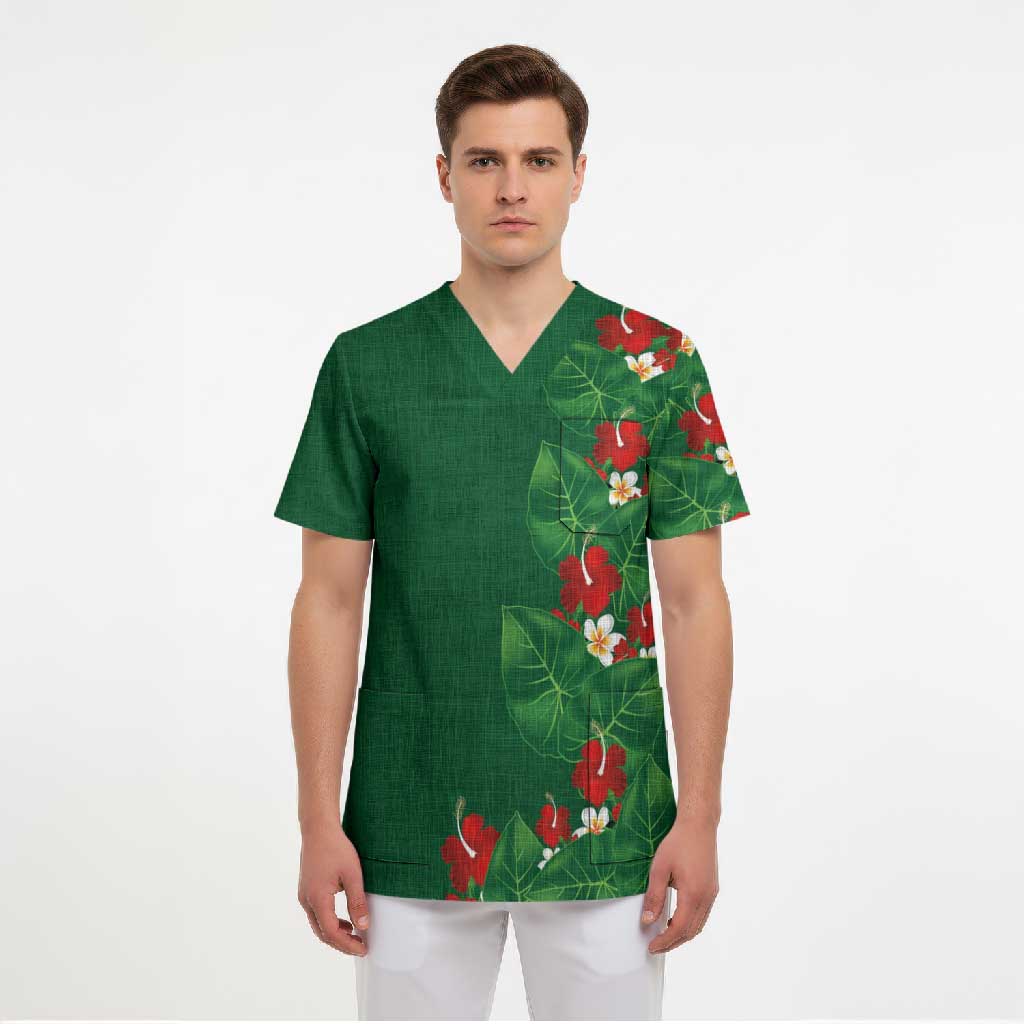 Hawaiian Taro Leaves-Hibiscus and Plumeria Scrub Top Polynesian Art-Kakau Tattoo Green