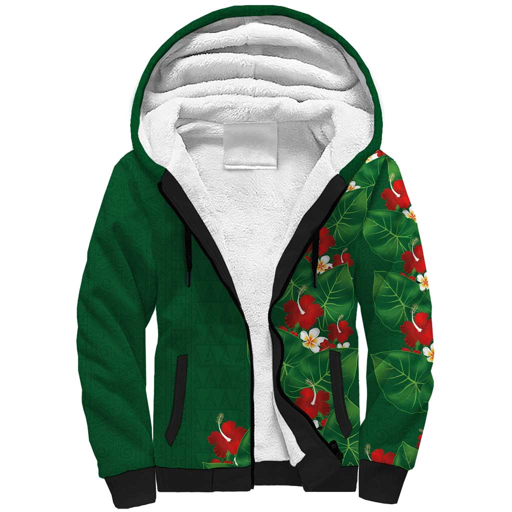 Hawaiian Taro Leaves-Hibiscus and Plumeria Sherpa Hoodie Polynesian Art-Kakau Tattoo Green