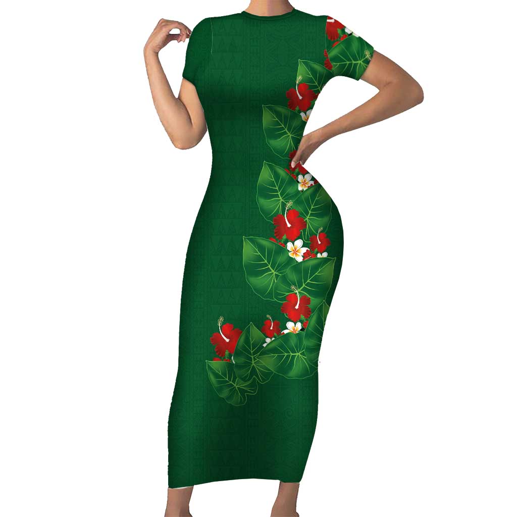 Hawaiian Taro Leaves-Hibiscus and Plumeria Short Sleeve Bodycon Dress Polynesian Art-Kakau Tattoo Green