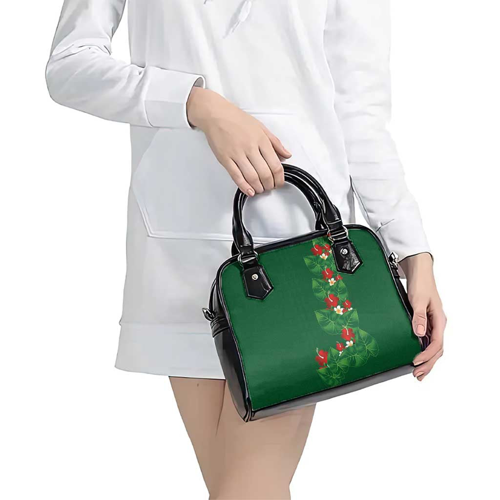 Hawaiian Taro Leaves-Hibiscus and Plumeria Shoulder Handbag Polynesian Art-Kakau Tattoo Green