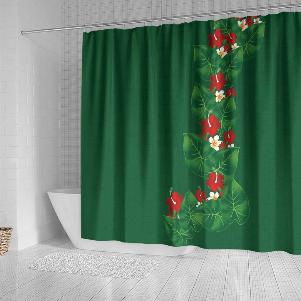 Hawaiian Taro Leaves-Hibiscus and Plumeria Shower Curtain Polynesian Art-Kakau Tattoo Green
