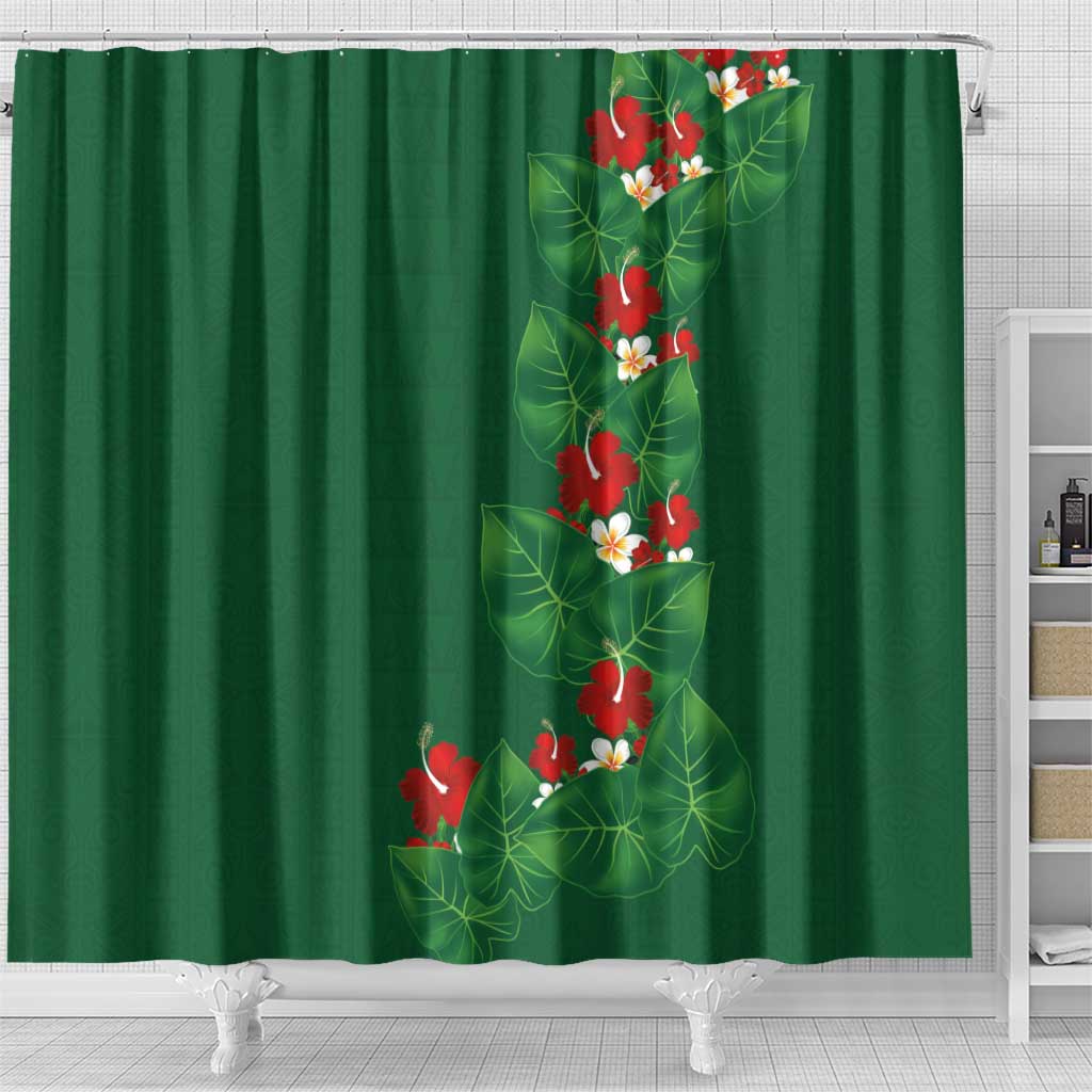 Hawaiian Taro Leaves-Hibiscus and Plumeria Shower Curtain Polynesian Art-Kakau Tattoo Green