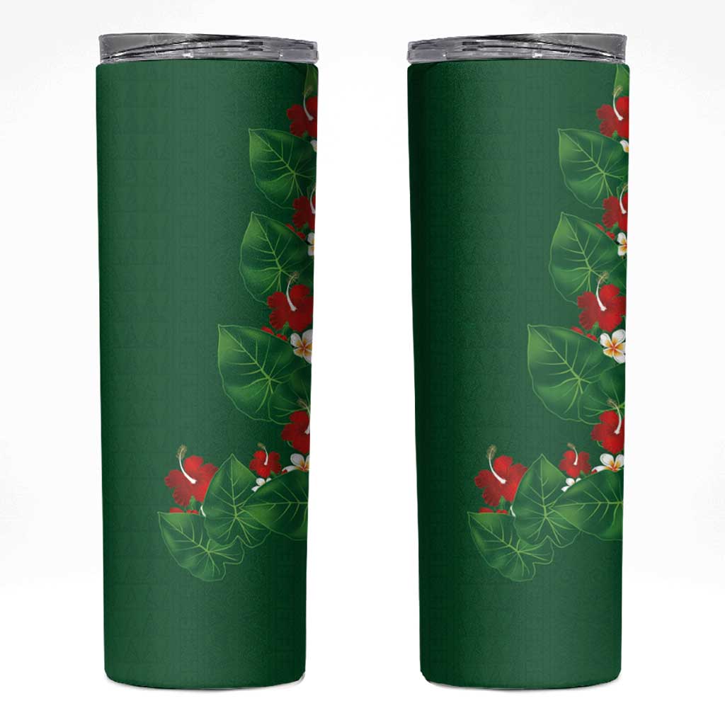 Hawaiian Taro Leaves-Hibiscus and Plumeria Skinny Tumbler Polynesian Art-Kakau Tattoo Green LT03 Green - Polynesian Pride