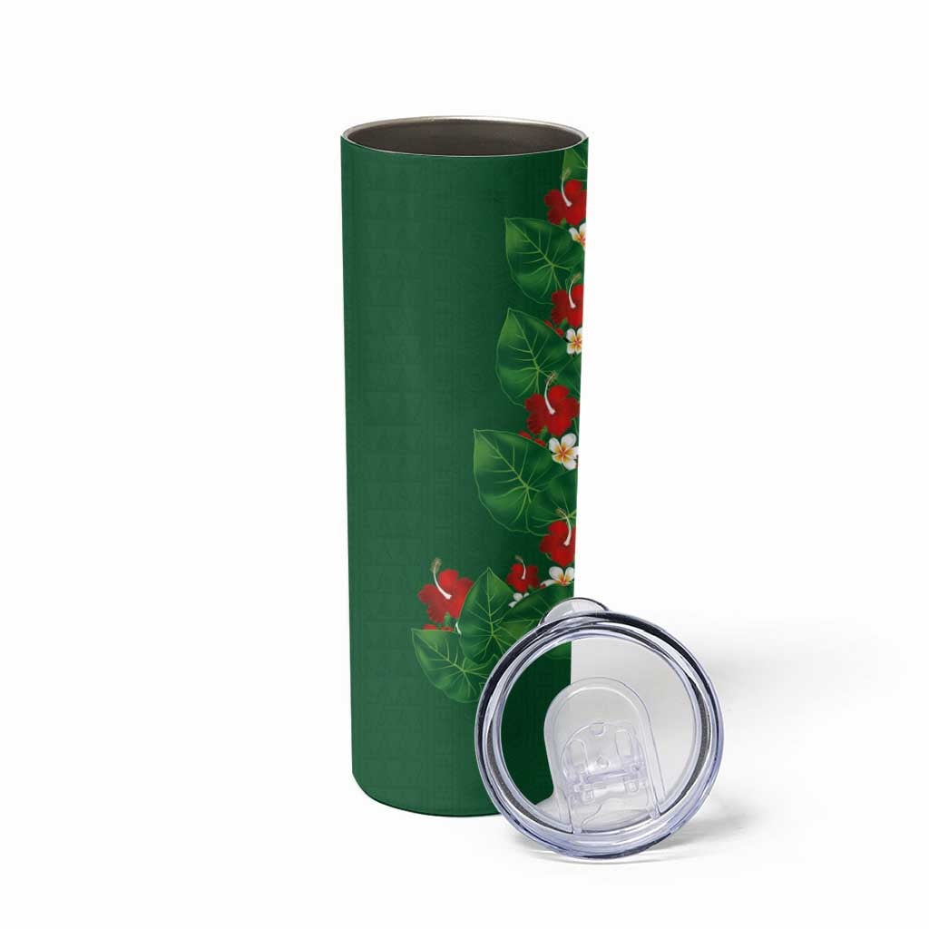 Hawaiian Taro Leaves-Hibiscus and Plumeria Skinny Tumbler Polynesian Art-Kakau Tattoo Green LT03 - Polynesian Pride