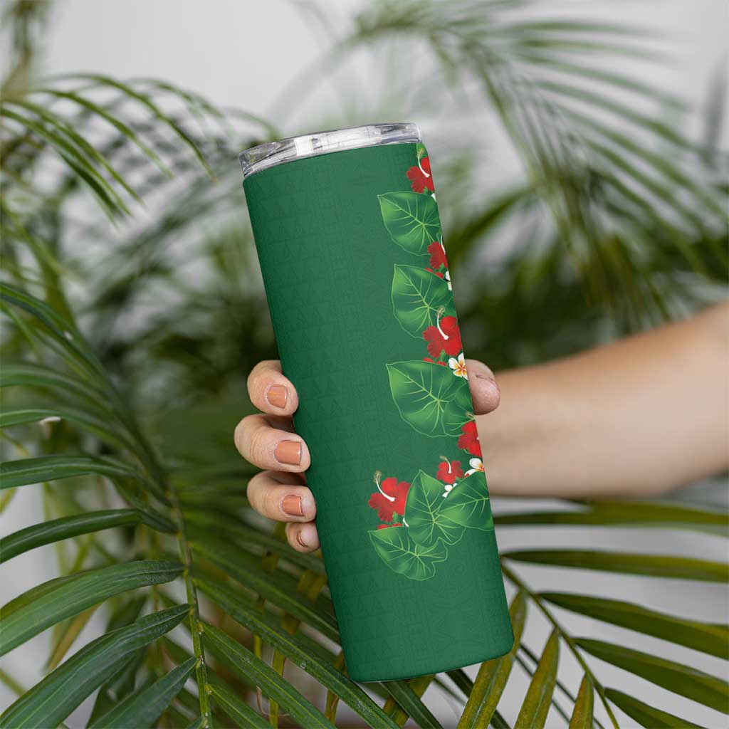 Hawaiian Taro Leaves-Hibiscus and Plumeria Skinny Tumbler Polynesian Art-Kakau Tattoo Green LT03 - Polynesian Pride