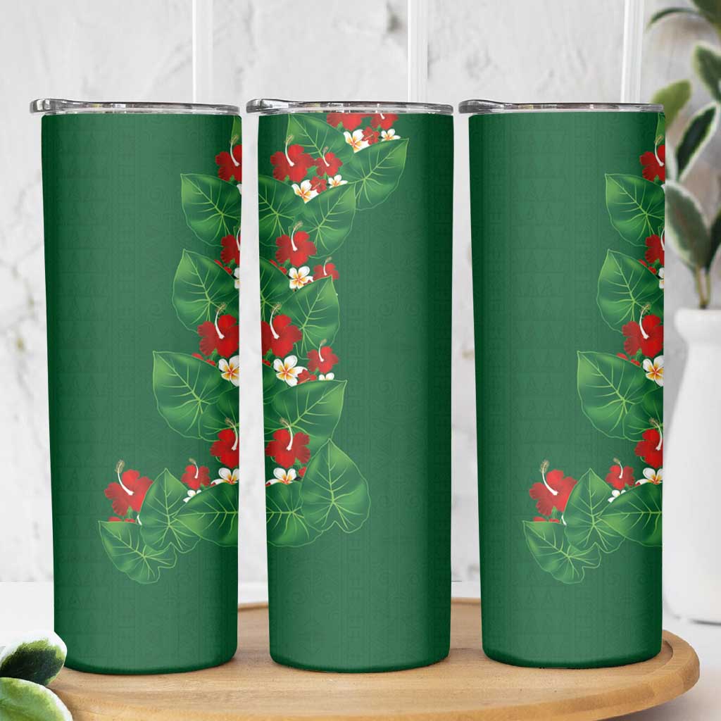 Hawaiian Taro Leaves-Hibiscus and Plumeria Skinny Tumbler Polynesian Art-Kakau Tattoo Green LT03 - Polynesian Pride