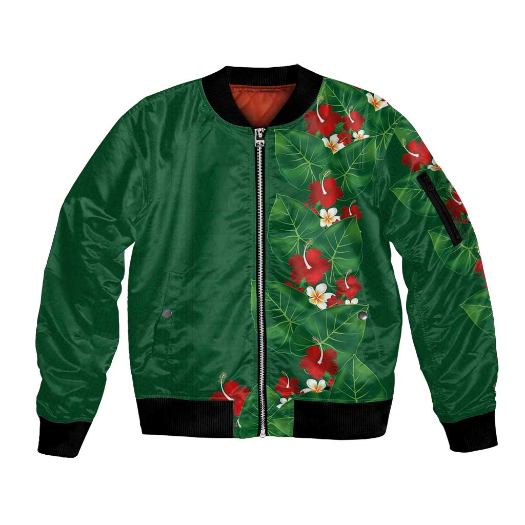 Hawaiian Taro Leaves-Hibiscus and Plumeria Sleeve Zip Bomber Jacket Polynesian Art-Kakau Tattoo Green