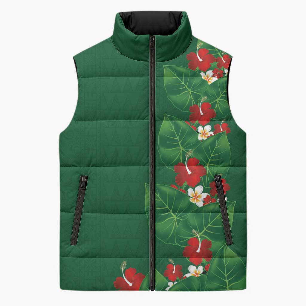 Hawaiian Taro Leaves-Hibiscus and Plumeria Sleeveless Puffer Jacket Polynesian Art-Kakau Tattoo Green