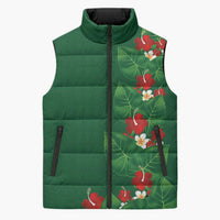Hawaiian Taro Leaves-Hibiscus and Plumeria Sleeveless Puffer Jacket Polynesian Art-Kakau Tattoo Green