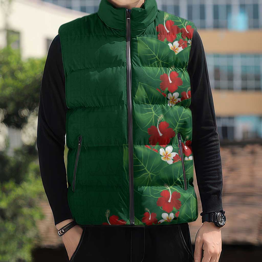Hawaiian Taro Leaves-Hibiscus and Plumeria Sleeveless Puffer Jacket Polynesian Art-Kakau Tattoo Green