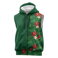 Hawaiian Taro Leaves-Hibiscus and Plumeria Sleeveless Zip Hoodie Polynesian Art-Kakau Tattoo Green