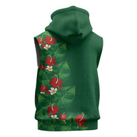 Hawaiian Taro Leaves-Hibiscus and Plumeria Sleeveless Zip Hoodie Polynesian Art-Kakau Tattoo Green