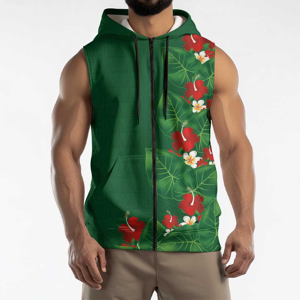 Hawaiian Taro Leaves-Hibiscus and Plumeria Sleeveless Zip Hoodie Polynesian Art-Kakau Tattoo Green