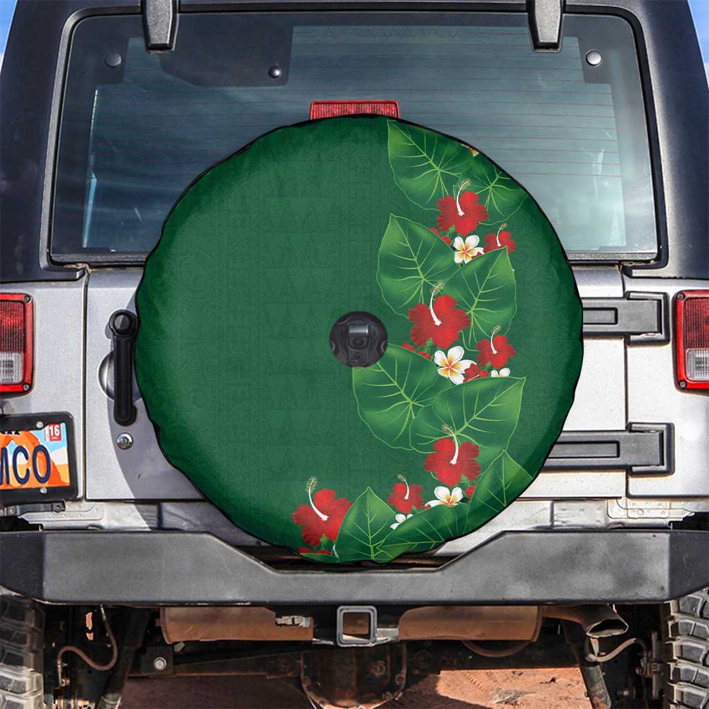 Hawaiian Taro Leaves-Hibiscus and Plumeria Spare Tire Cover Polynesian Art-Kakau Tattoo Green