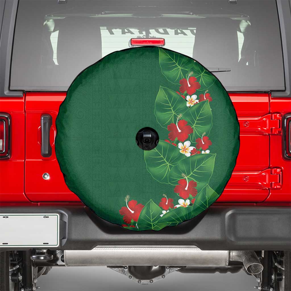 Hawaiian Taro Leaves-Hibiscus and Plumeria Spare Tire Cover Polynesian Art-Kakau Tattoo Green