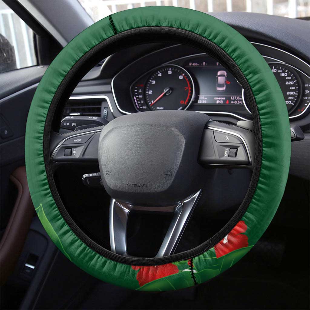Hawaiian Taro Leaves-Hibiscus and Plumeria Steering Wheel Cover Polynesian Art-Kakau Tattoo Green